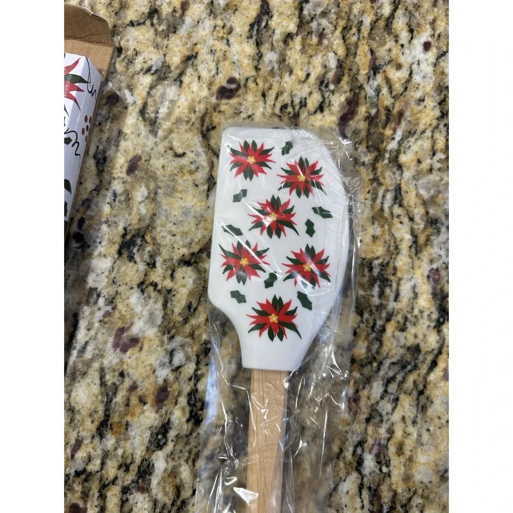 Temptations Christmas Poinsettias Silicone Spatula Wooden Handle New In Box!